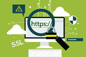 Vector image of magnifying glass over computer, focusing on "https" in address bar
