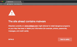 Red scree with warning symbol and text "The site ahead contains malware"