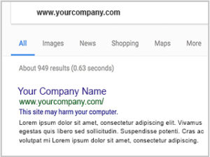 Google search results page with first result titled "Your Company Name" with notice "The site may harm your computer"