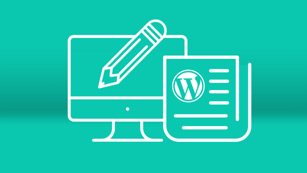 Laptop and pencil icon with Newspaper Icon with WordPress logo
