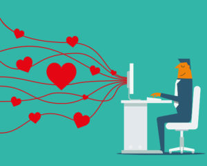 Illustration of Man at Computer with Hearts Coming Out