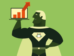 Illustration of superhero holding computer