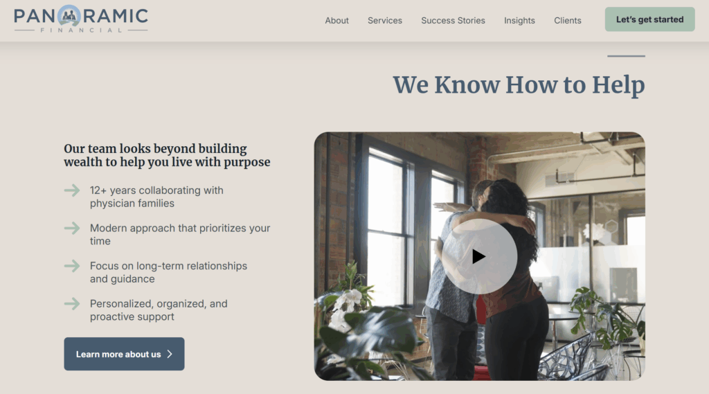 Panel on Panoramic Financial website with video and text about the firm's services