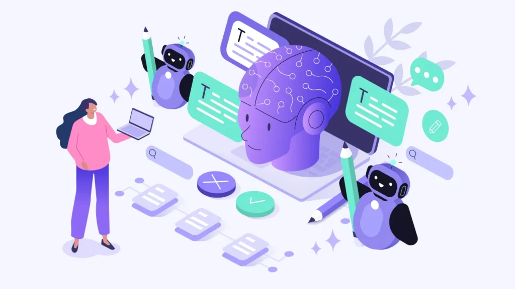 Illustration of four hands updating website elements including a search bar, chart, and images on a purple background.