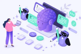 Graphic of a woman standing in front of a laptop illustration